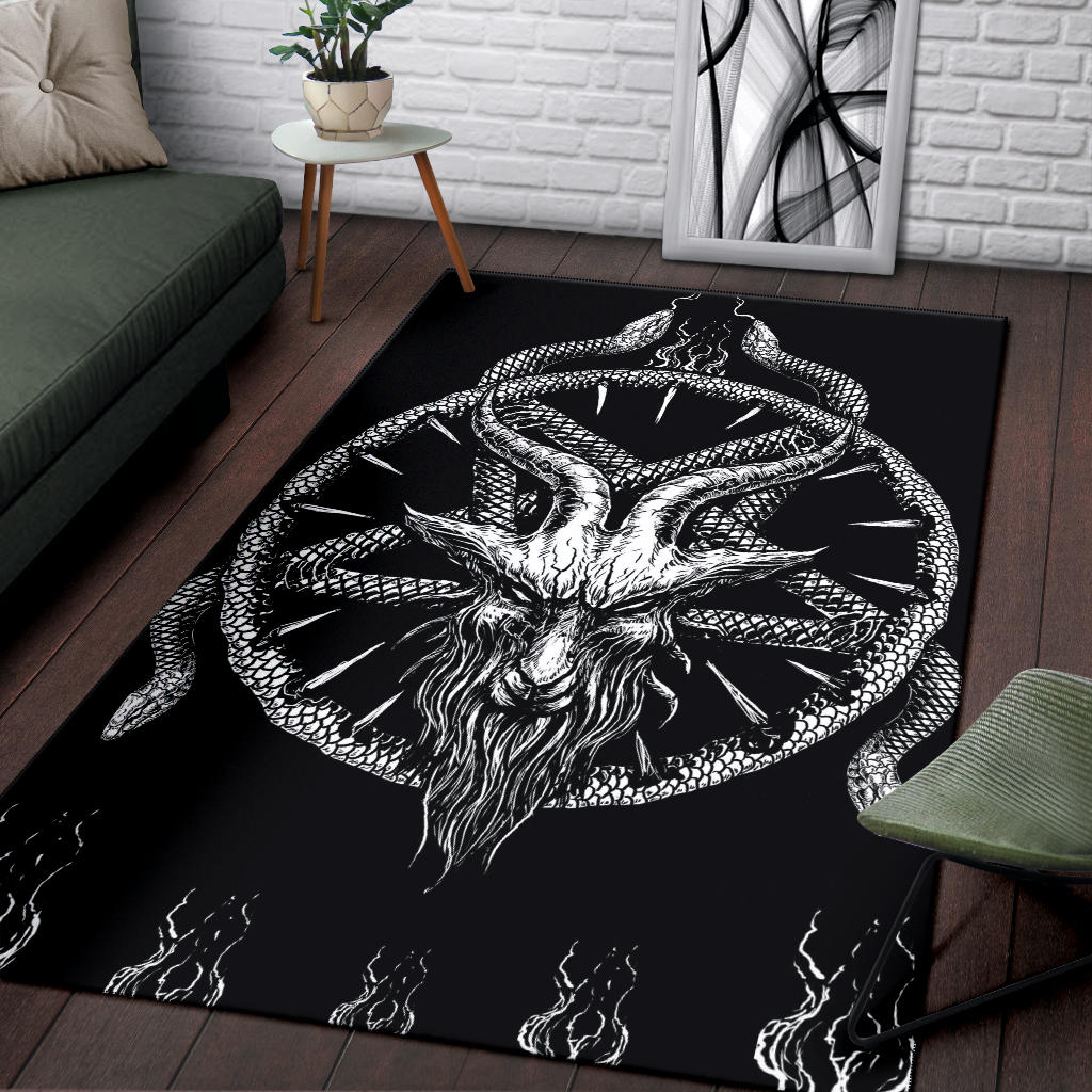 Skull Satanic Demon Goat Satanic Pentagram Serpent Area Rug Large Goat Version Black And White