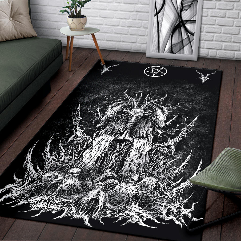 Satanic Skull Goat Pentagram Area Rug Black And White Version
