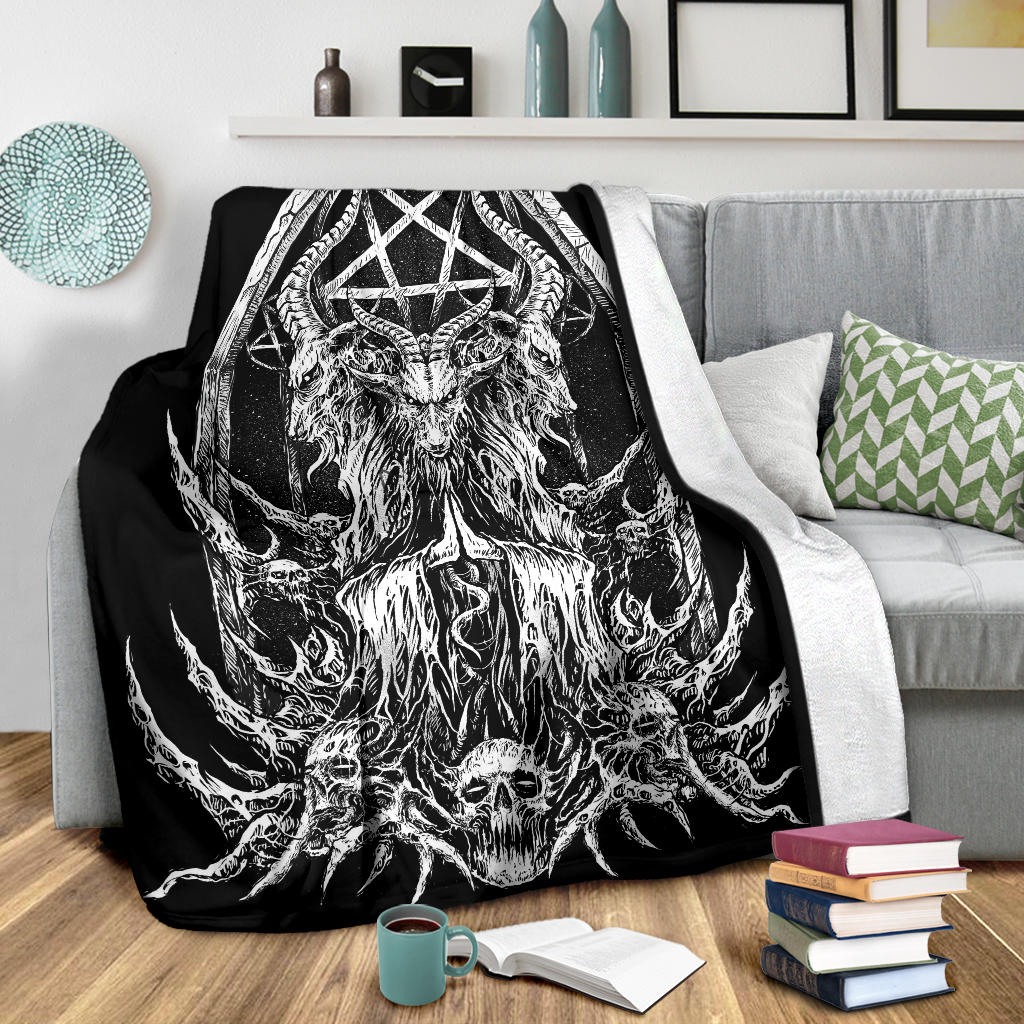 Skull Satanic Goat Inverted Pentagram Shrine Blanket 2nd Black And White Prayer Version