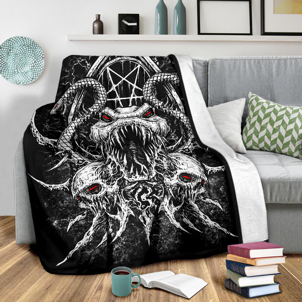 Skull Satanic Pentagram Demon Serpent Blanket Black And White Red Eye