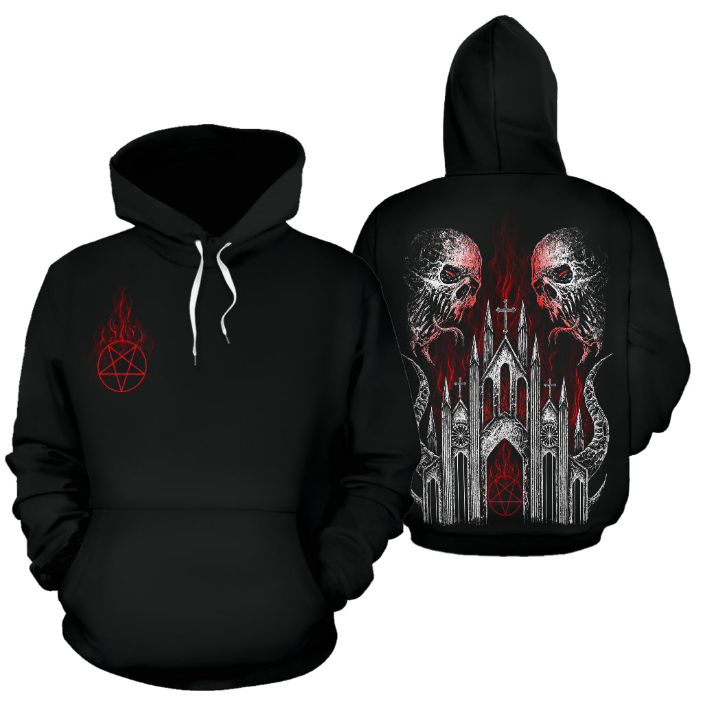 Skull Demon Satanic Pentagram Flame Church Hoodie Black And White Red Pentagram