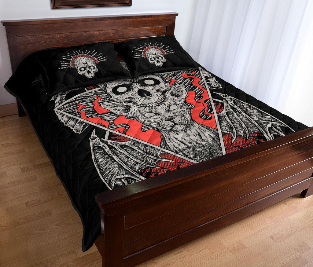 Gothic Quilt Skull Bat Wing Cat 3 Piece Bed Set Color Version