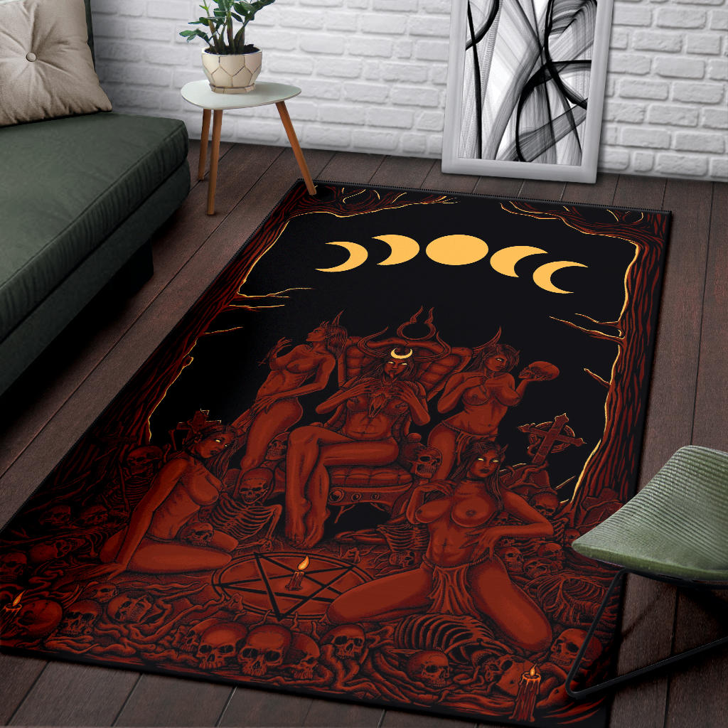 Skull Demon Satanic Pentagram Sexy Witch Throne Area Rug Red Version