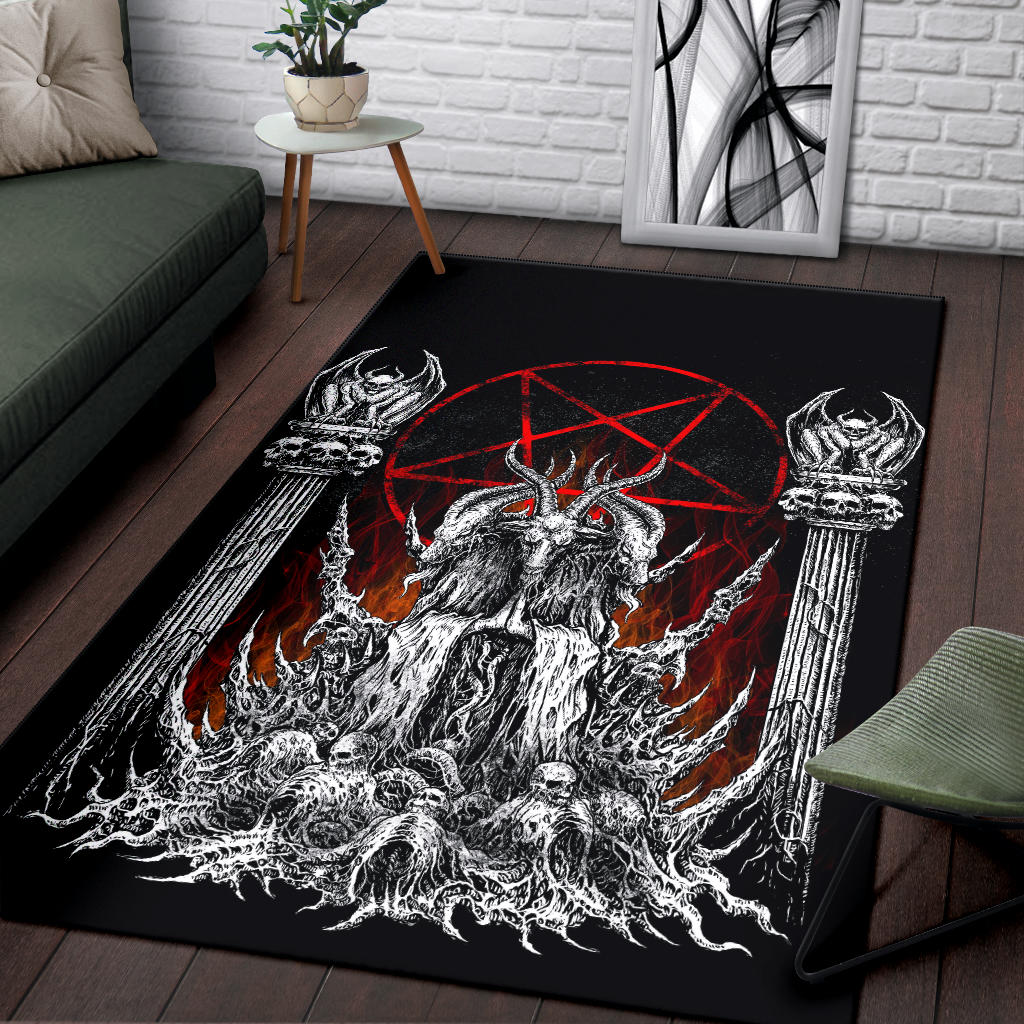 Skull Satanic Goat Flame Color Satanic Pentagram Area Rug