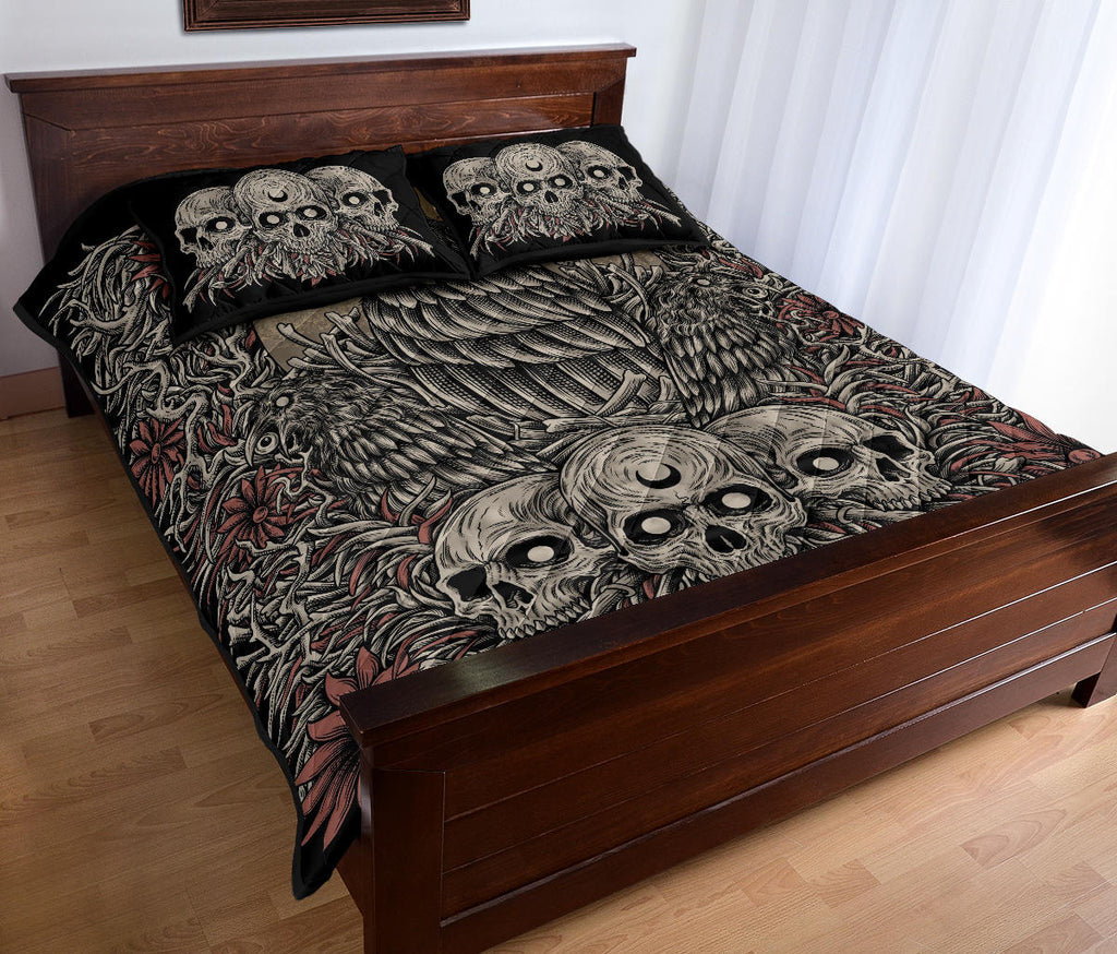 Skull Gothic Occult Crow Eye Quilt 3 Piece Set Wide Color Version