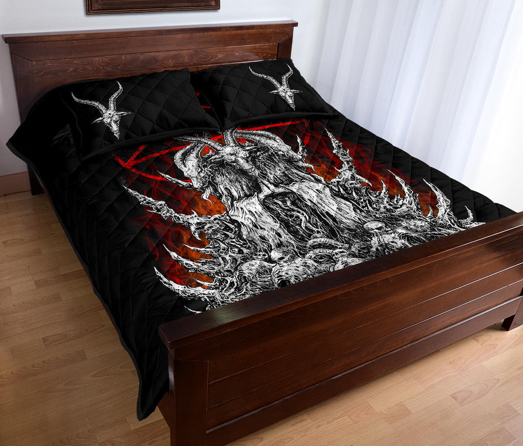 Skull Satanic Goat Satanic Pentagram Flame Quilt 3 Piece Set Large Flame Version