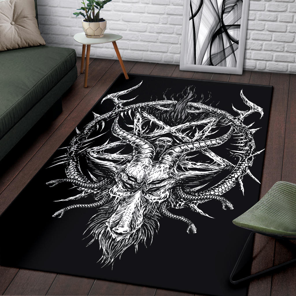 Skull Satanic Pentagram Goat Serpent Area Rug Black And White Version