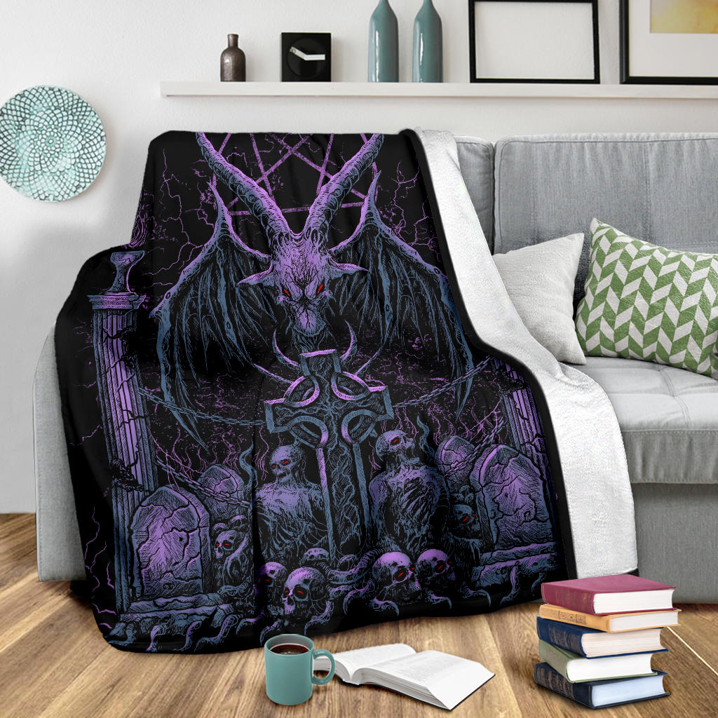 Skull Satanic Pentagram Baphomet Demon Bat Wing Goat Grave Shrine Blanket Night Blue Purple Pink Tint