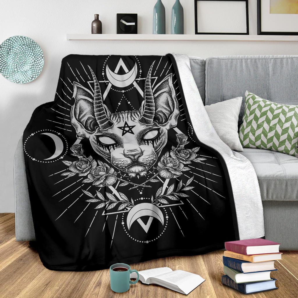 Gothic Occult Black Cat Unique Sphinx Style Awesome Demonic White Eye Blanket Black and White