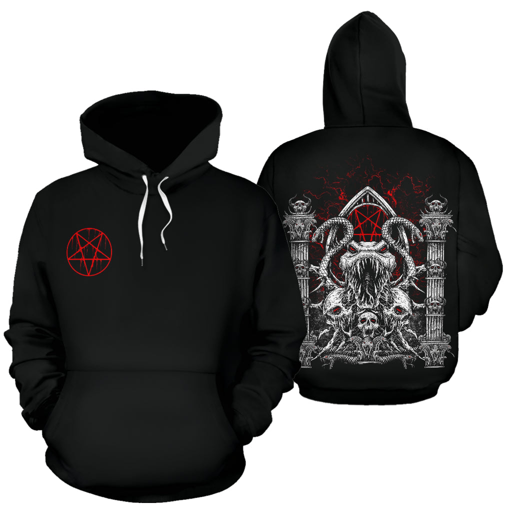 Skull Satanic Pentagram Demon Serpent Gate Hoodie Black And White Red