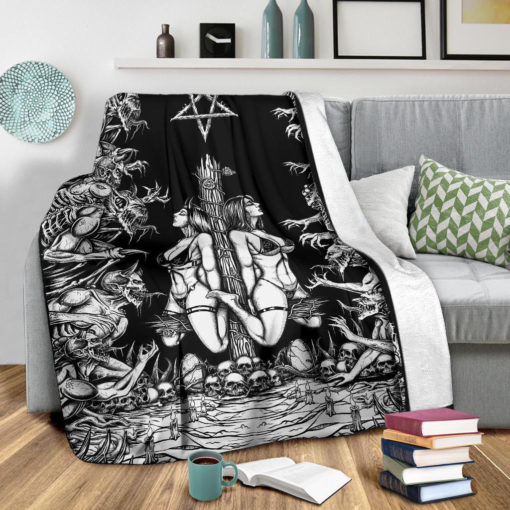 Skull Satanic Wood Inverted Cross Inverted Pentagram Demon blitzkrieg Blanket Black And White Edited Version
