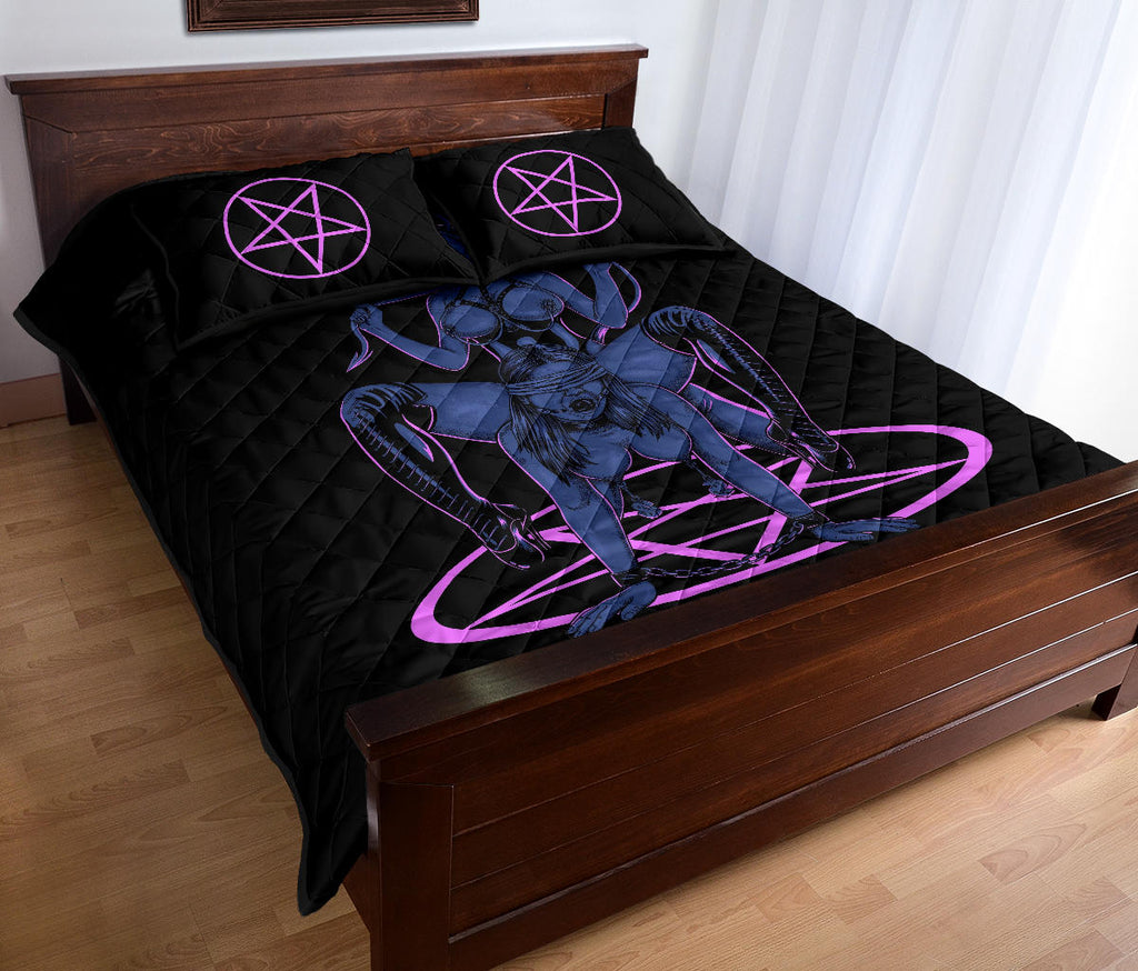 Satanic Pentagram Satanic Cross Demon Erotic Quilt 3 Piece Set Sexy Wild Blue Pink