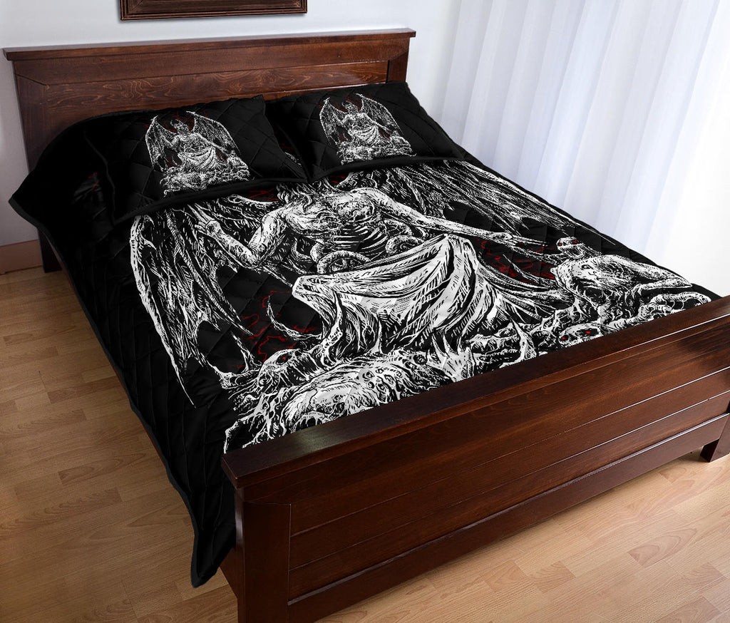 Skull Satanic Demon God Quilt 3 Piece Set Black And White Red