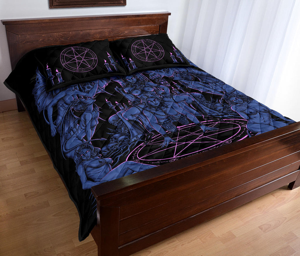 Skull Satanic Pentagram Batwing Demon Baphomet Savior Head Flesh Party 3 Piece Quilt Set Erotic Blue Pink