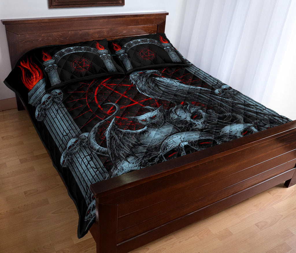 Skull Goth Occult Crow Bat Wing Demon Cat Quilt 3 Piece Set Color Version