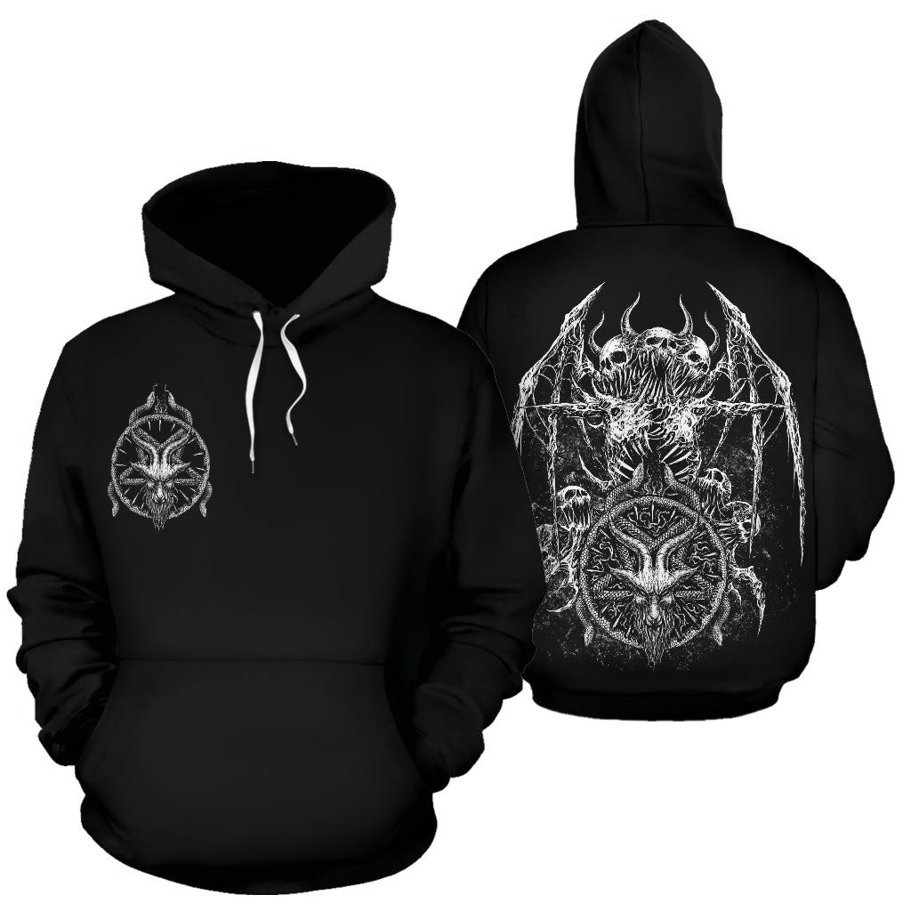 Skull Satanic Demon Goat Satanic Pentagram Serpent Hoodie Black And White