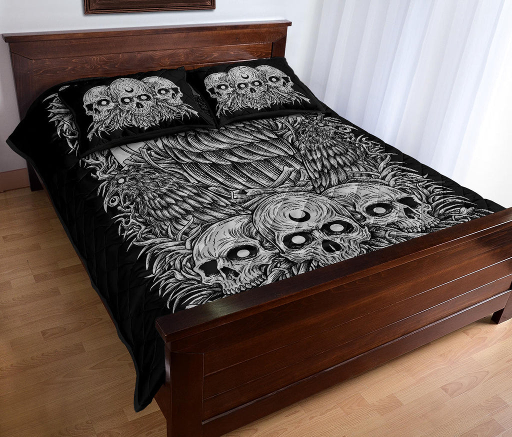 Skull Gothic Occult Crow Quilt 3 Piece Bed Set Black And White Version