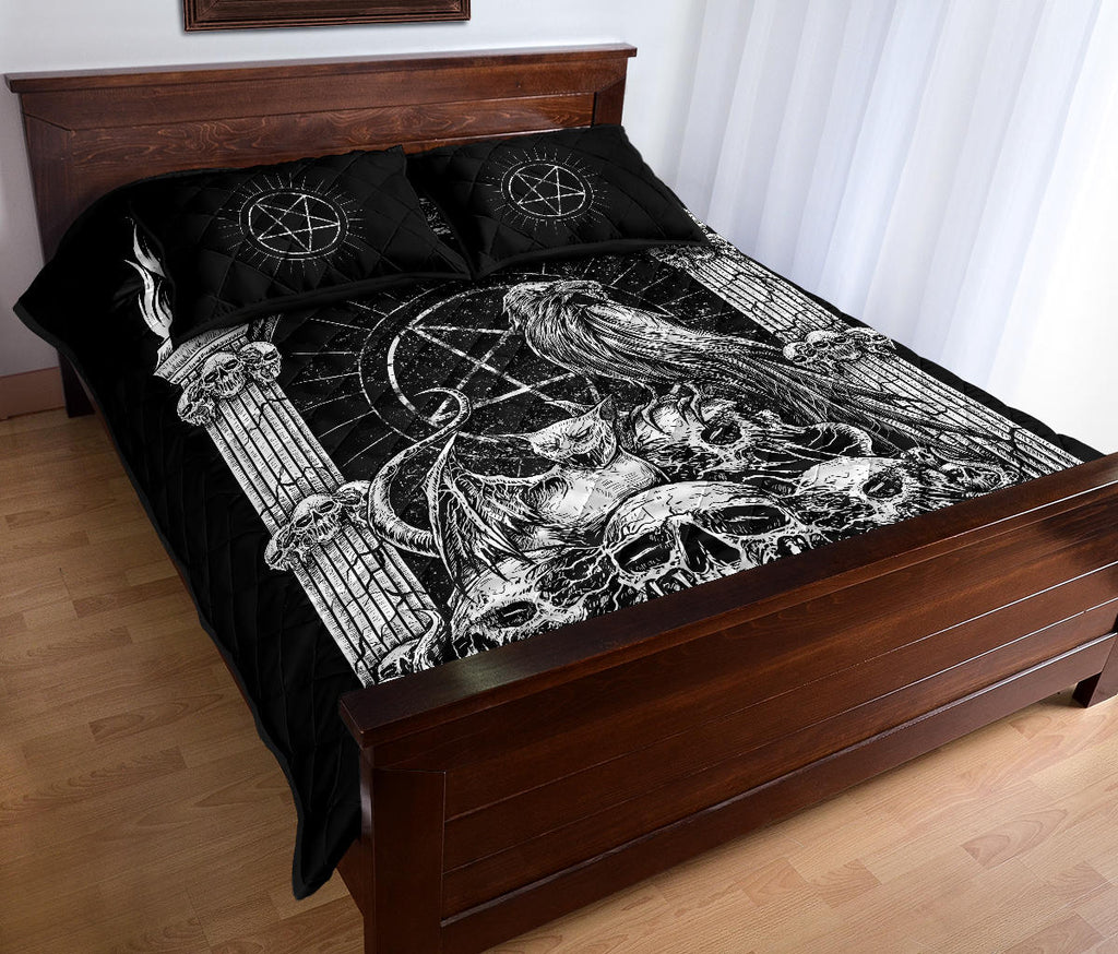 Skull Goth Occult Raven Bat Wing Cat Shrine Quilt 3 Piece Set All Black And White Version