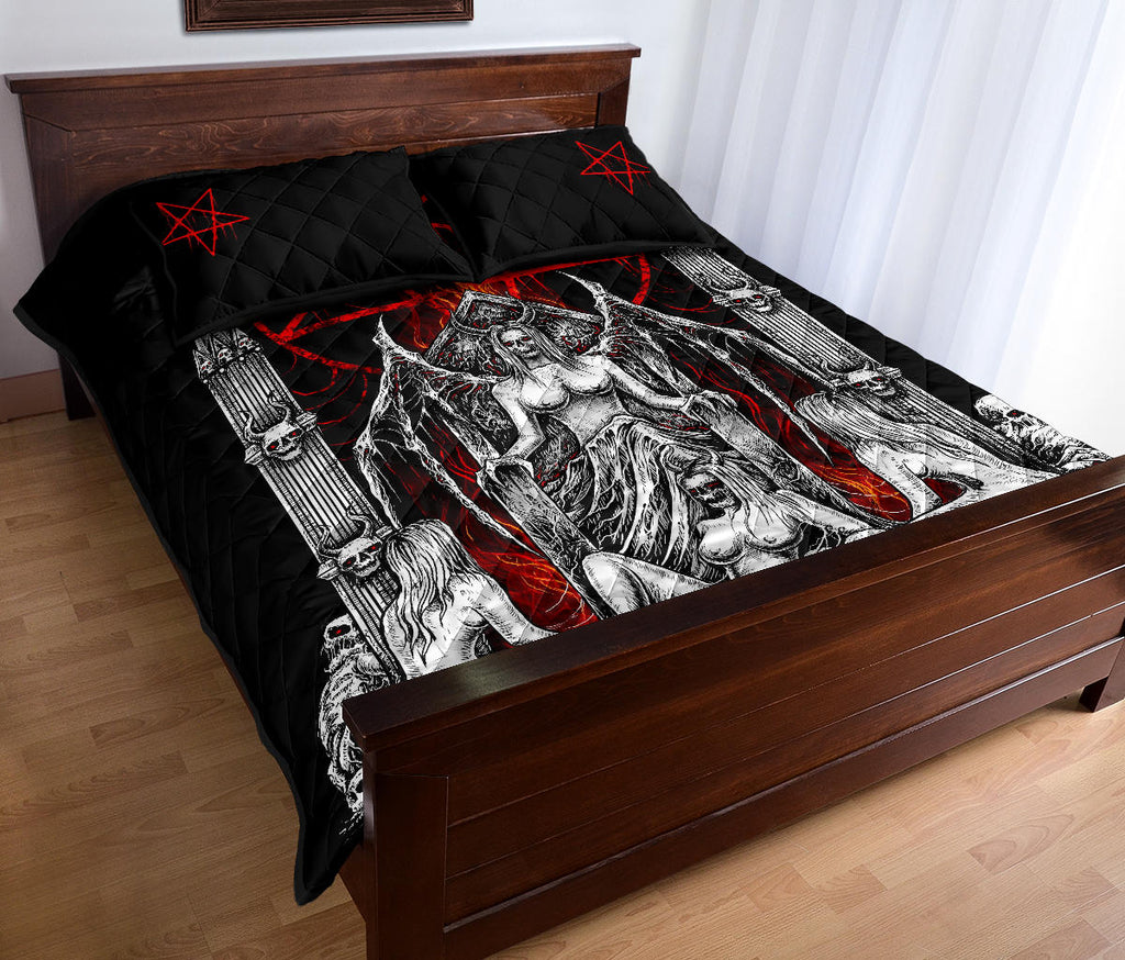 Skull Satanic Pentagram Lust Throne Quilt 3 Piece Set Black And White Red Flame