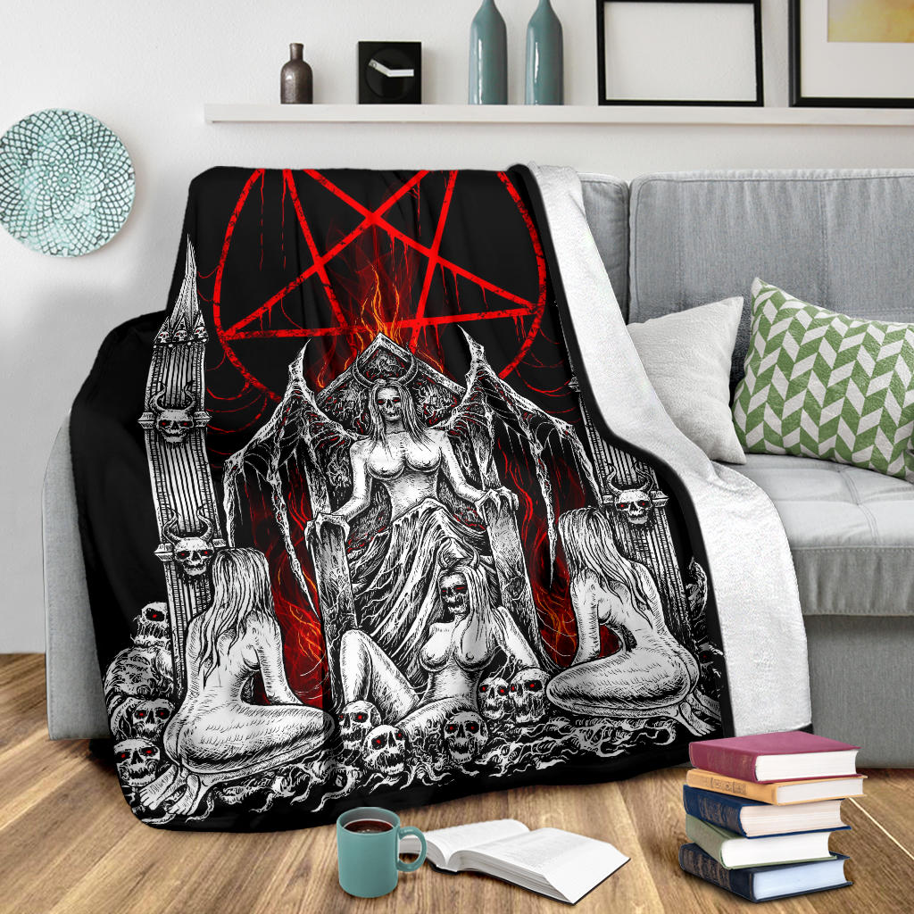 Skull Satanic Pentagram Flame Lust Throne Blanket Black And White Red Flame