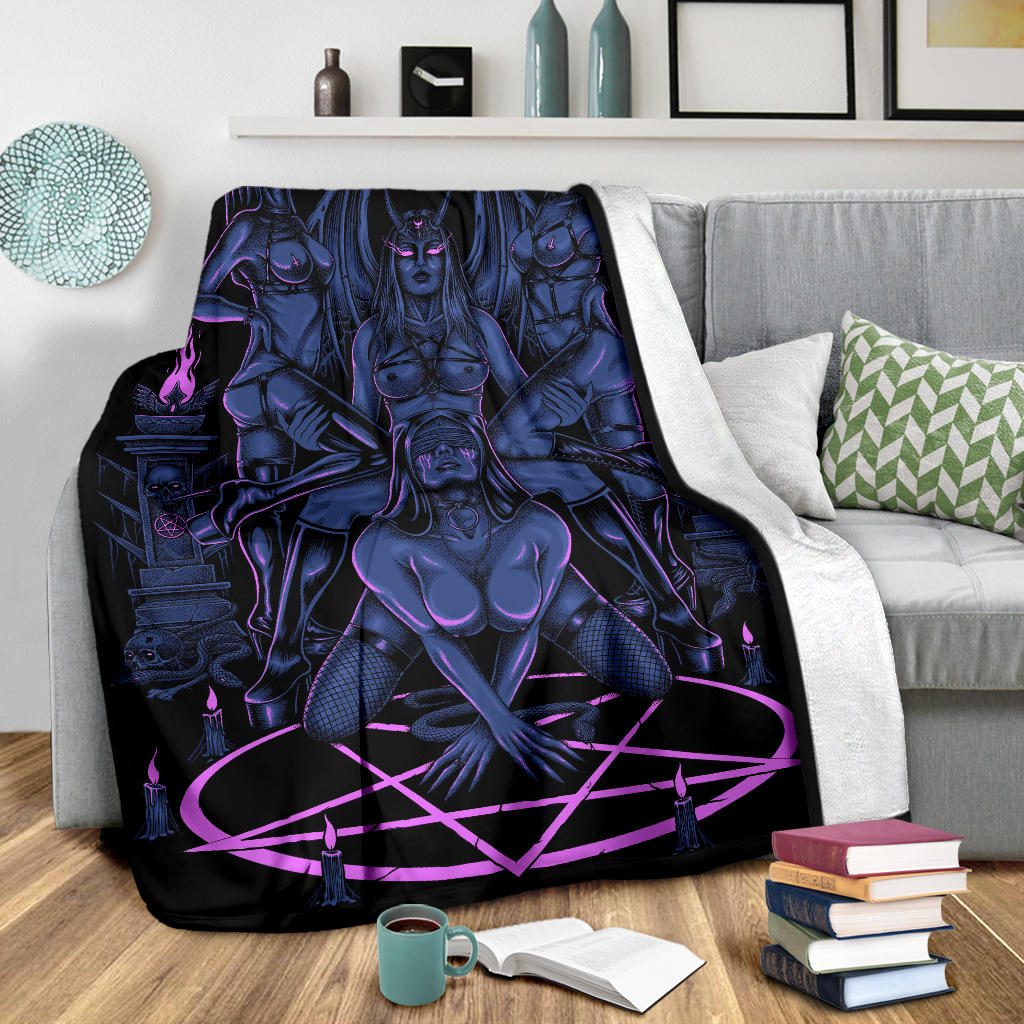 Skull Satanic Pentagram Serpent Impaled Erotic Demon Foursome Blanket Sexy Blue Pink