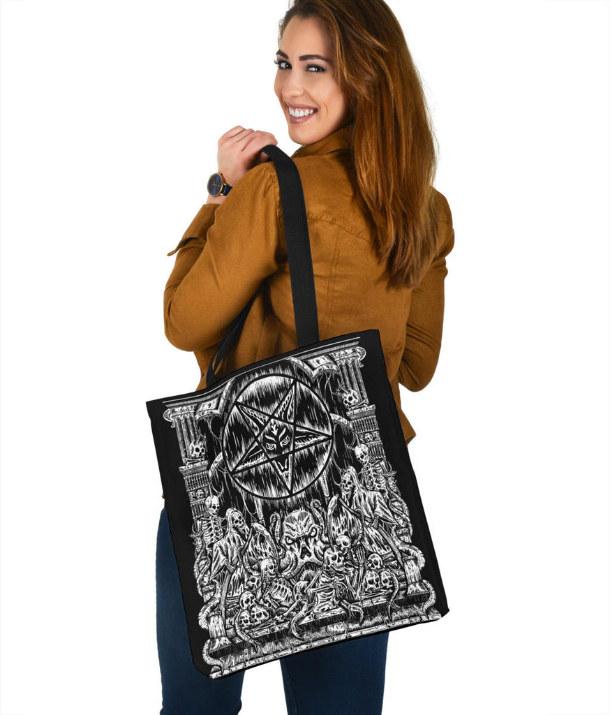 Satanic Pentagram Skull Skeleton Demon Large Tote Bag