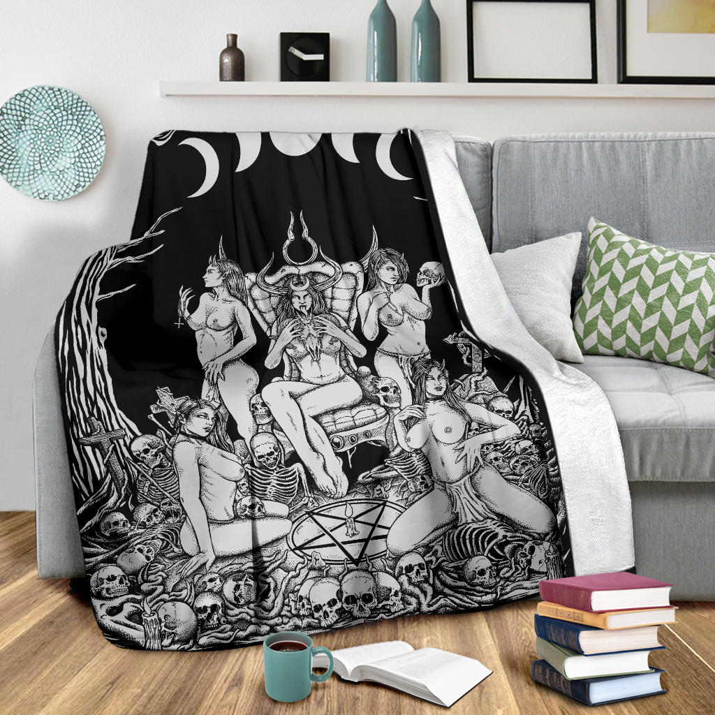 Skull Demon Satanic Pentagram Sexy Witch Throne Blanket