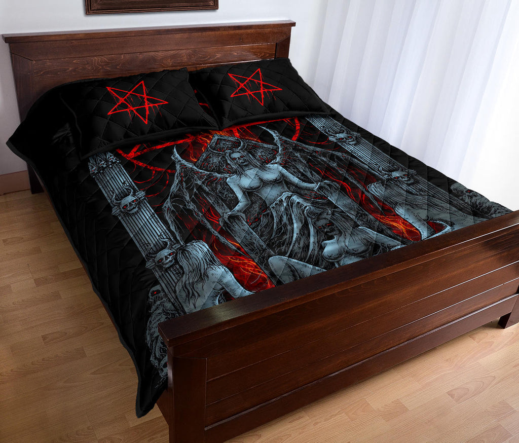 Skull Satanic Pentagram Lust Throne Quilt 3 Piece Set Color Version