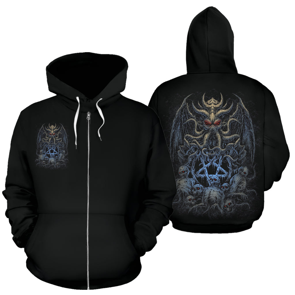 Skull Satanic Pentagram Demon Octopus Night Blue Zip Up Hoodie