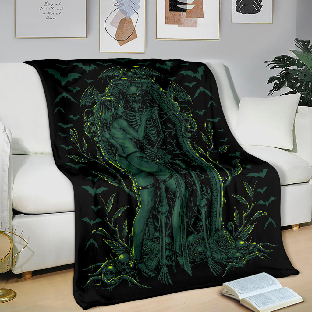 Bat Skull Bat Wing Erotic Demonic Skeleton Coffin Shrine Blanket Awesome Glowing Green