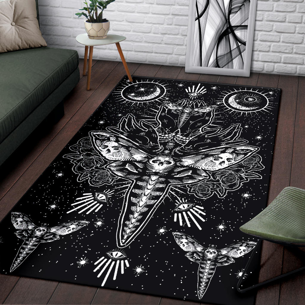 Skull Moth Secret Society Occult Style Area Rug Black And White Version