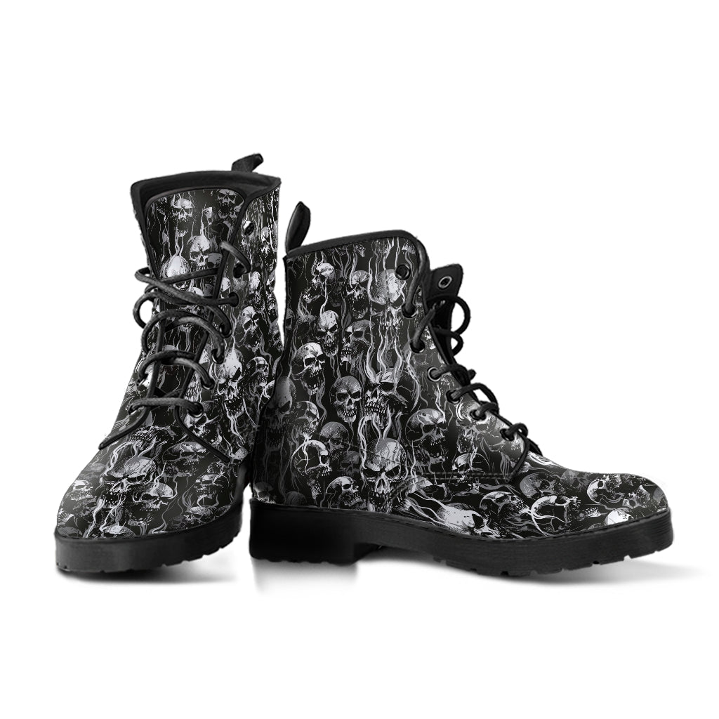 New Skull Smoke Design! Handcrafted Leather Boots New Black And White Texture
