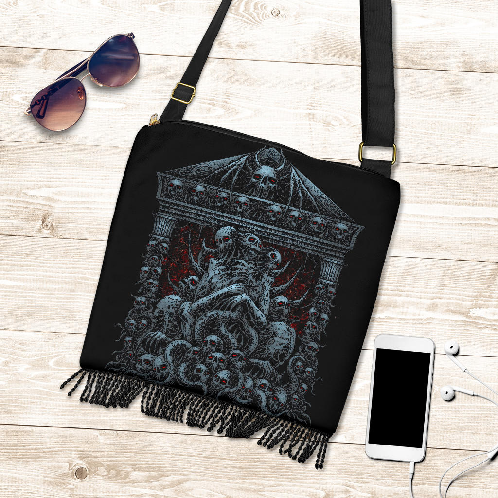 Skull Skeleton Bat Skull Death Shrine Boho Bag Color Version