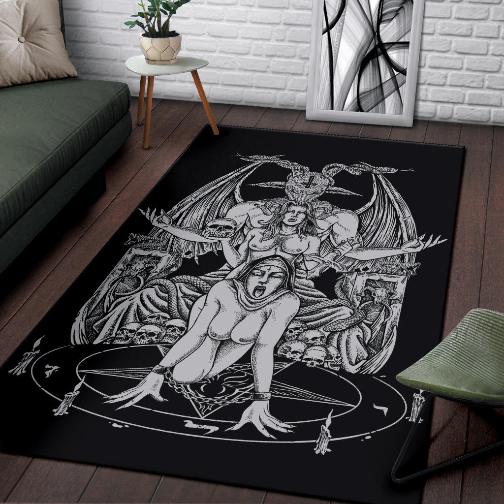 Skull Baphomet Serpent Satanic Pentagram Demon Inception Throne Area Rug Black And White