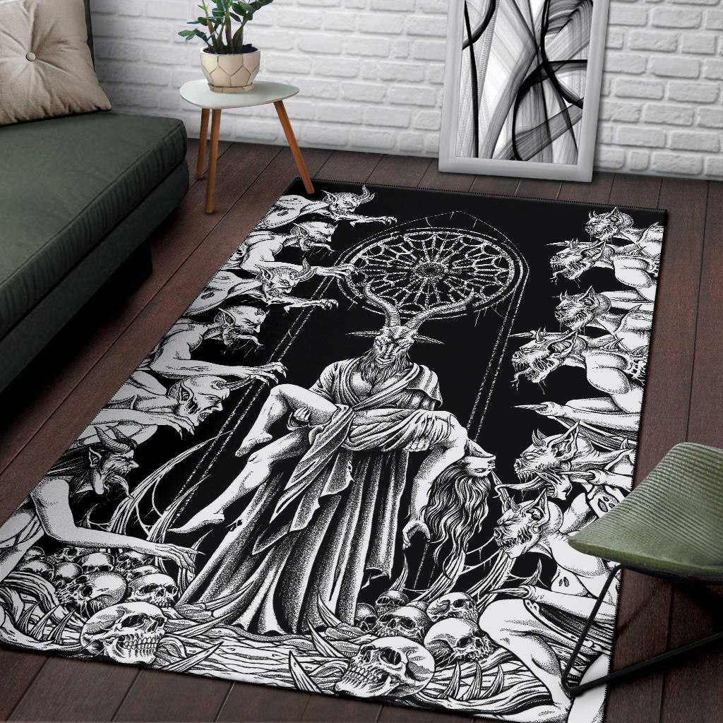 Skull Baphomet Goat Demon Frenzy Area Rug Black And White – blended extreme