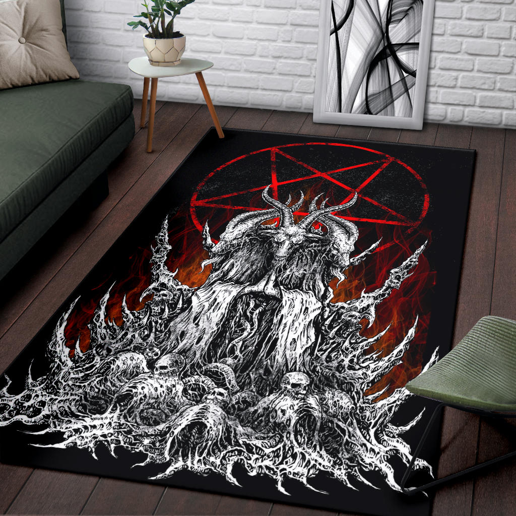 Skull Skeleton Satanic Goat Satanic Pentagram Flame Area Rug Large Flame Print Version
