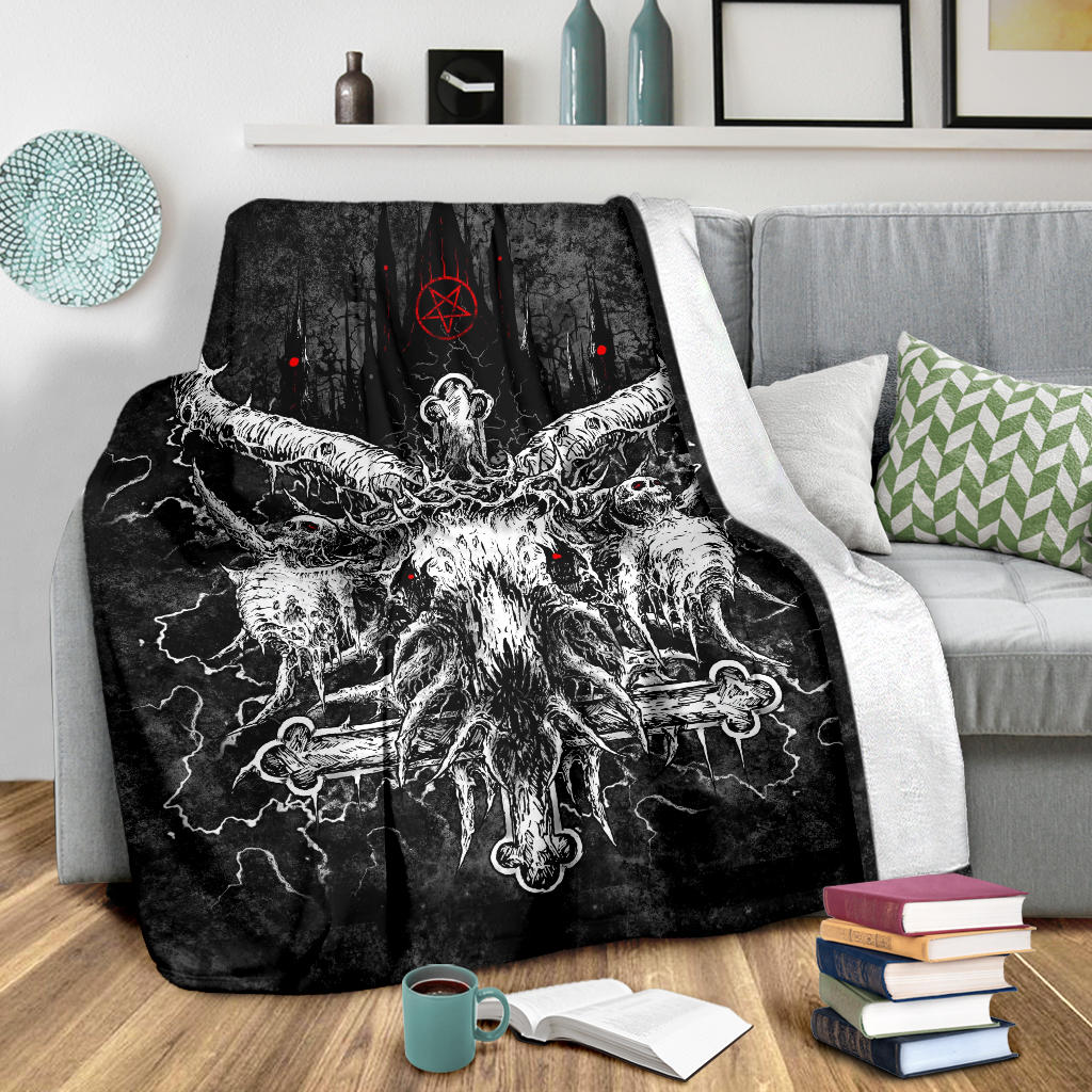 Skull Crowned Satanic Goat Satanic Cross Satanic Pentagram Night Church Blanket Red Pentagram Version