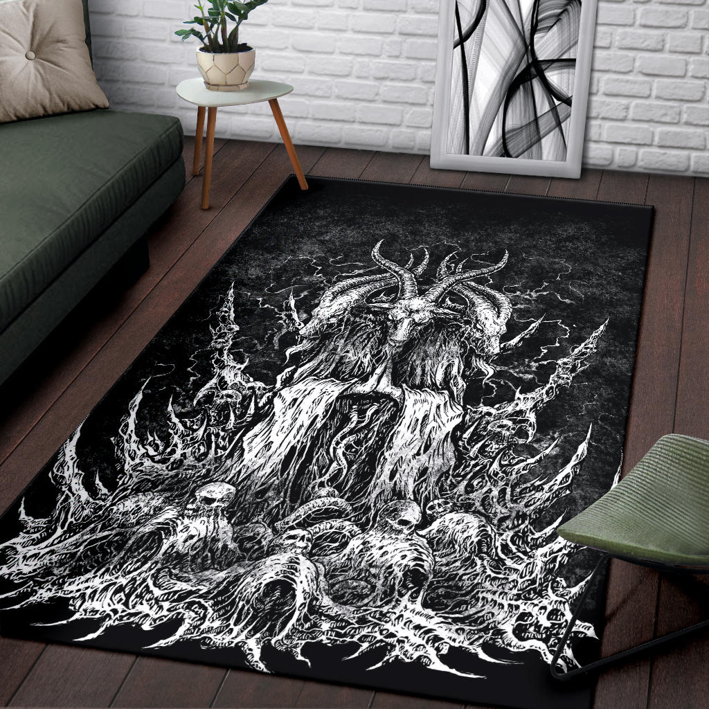 Skull Satanic Goat Original Large Print Area Rug Black And White