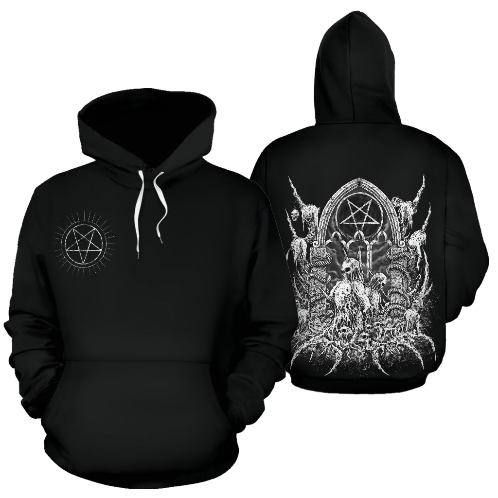 Skull Satanic Pentagram Shrine Hoodie Black And White