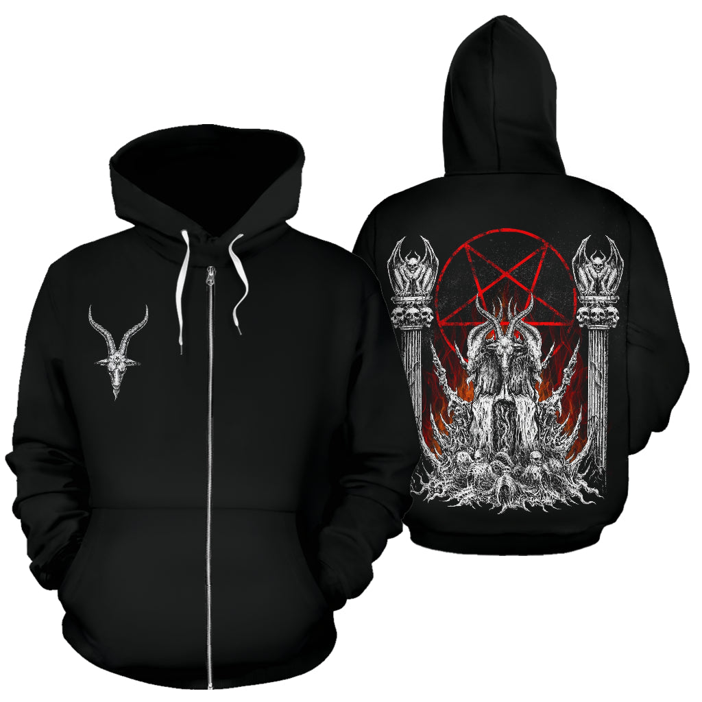 Skull Skeleton Satanic Goat Satanic Pentagram Flame Zip Up Hoodie