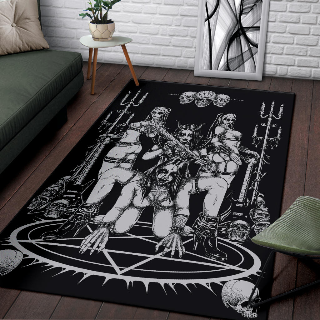 Skull Satanic Pentagram Ultimate Black Metal Lover Demon  Area Rug Black And White