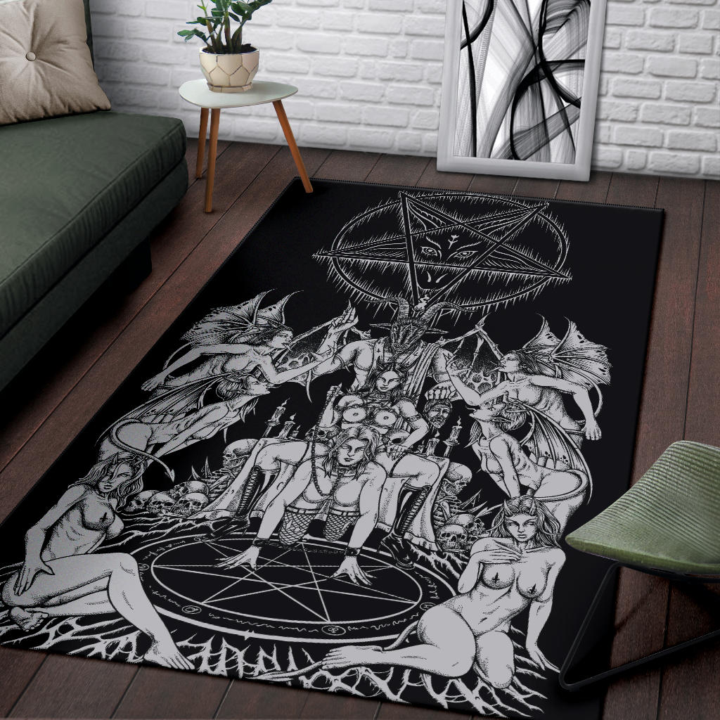 Skull Satanic Pentagram Bat wing Demon Baphomet Savior Head Flesh Party Area Rug Black And White