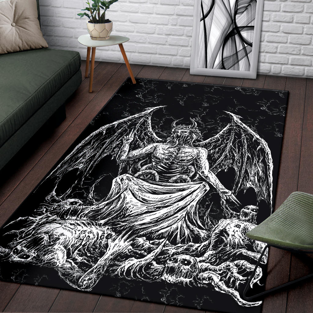 Skull Skeleton Satanic Bat Wing Demon God Area Rug Black And White