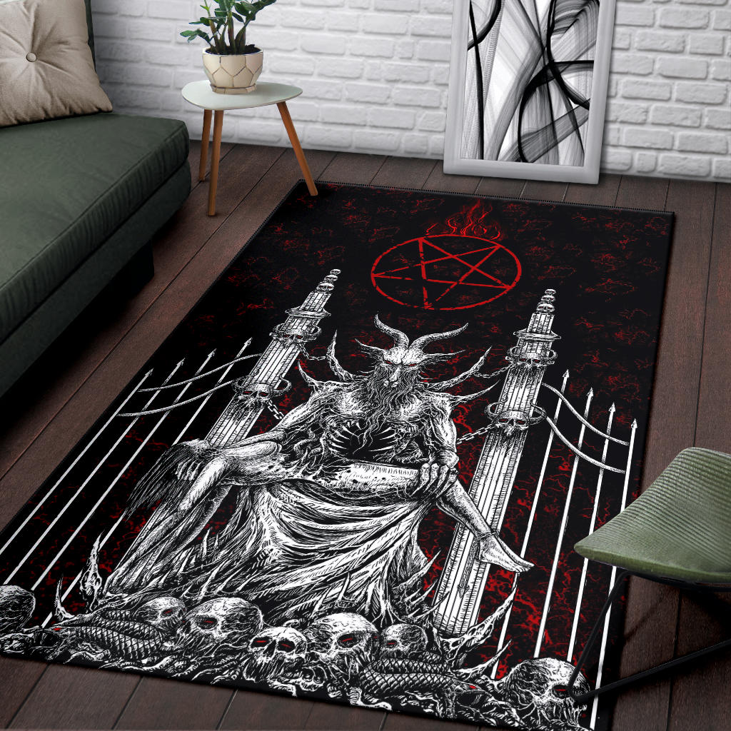Skull Satanic Goat Satanic Pentagram Flame Serpent Delivered To The Pearly Gates Area Rug Black And White Red