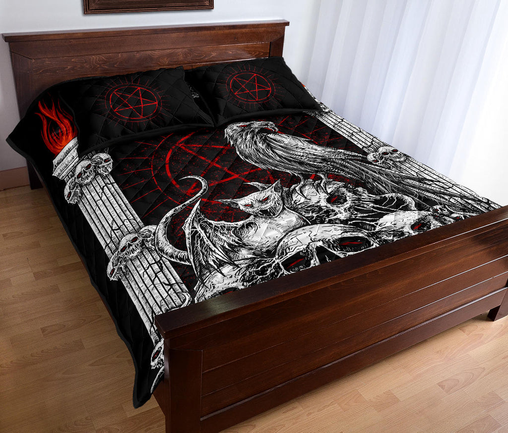 Skull Goth Occult Pentagram Batwing Demon Cat Quilt 3 Piece Set Black And White With Red