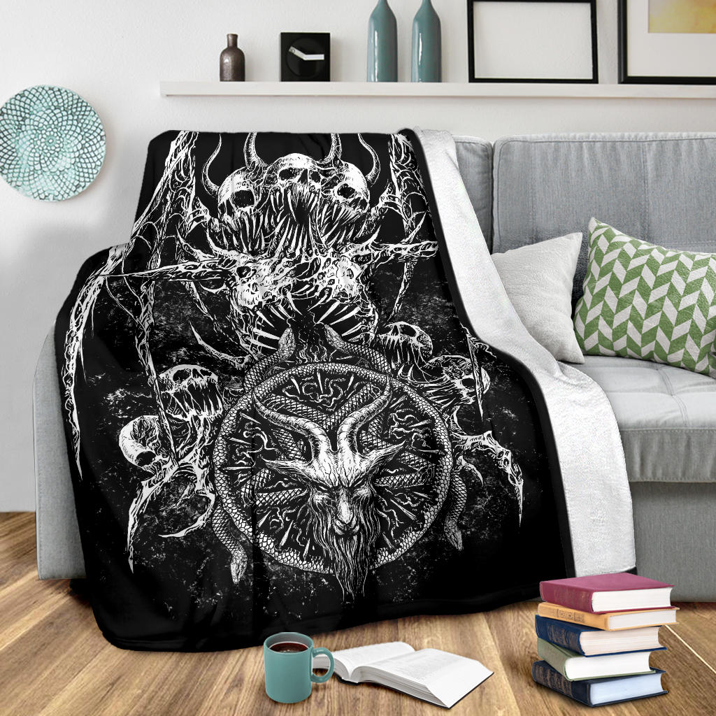 Skull Satanic Goat Satanic Pentagram Serpent Blanket Black And White