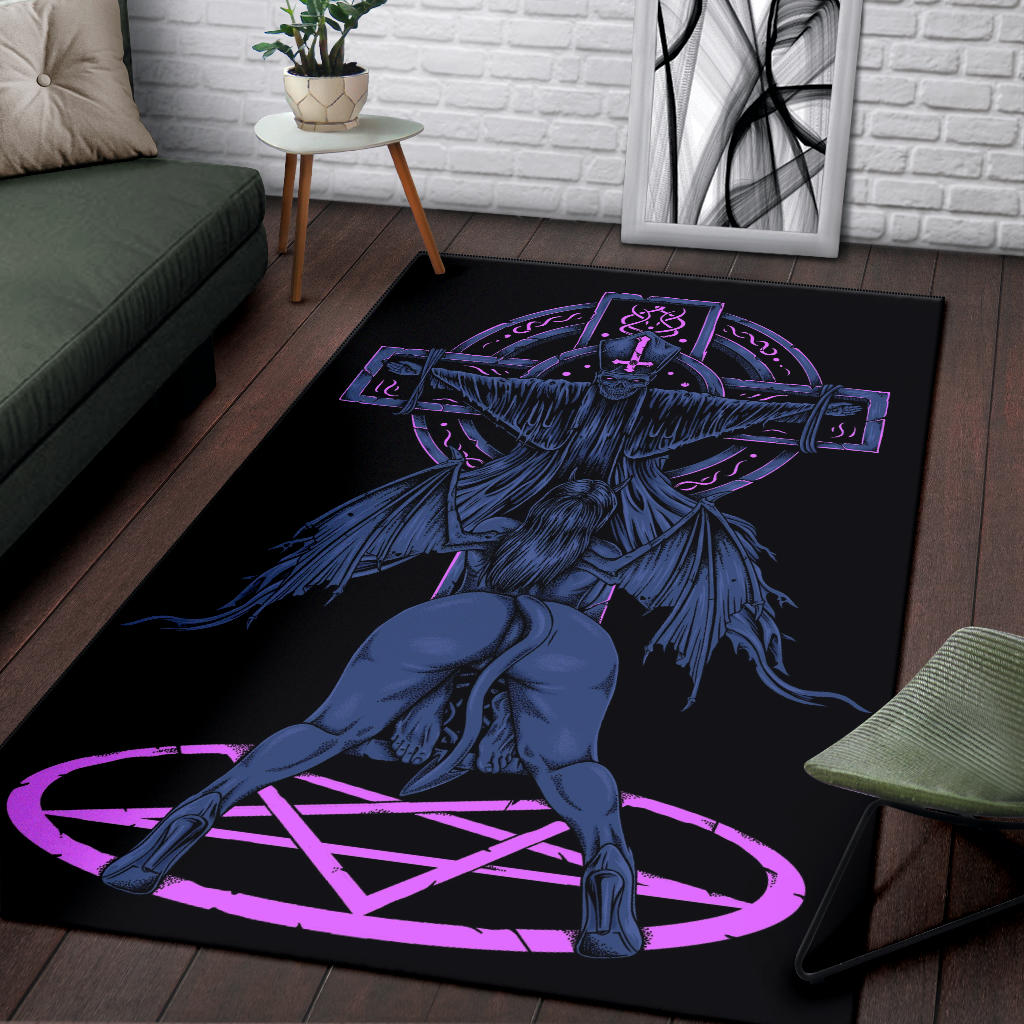 Skull Satanic Pentagram Demon Priest Crucified Area Rug Erotic Blue Pink
