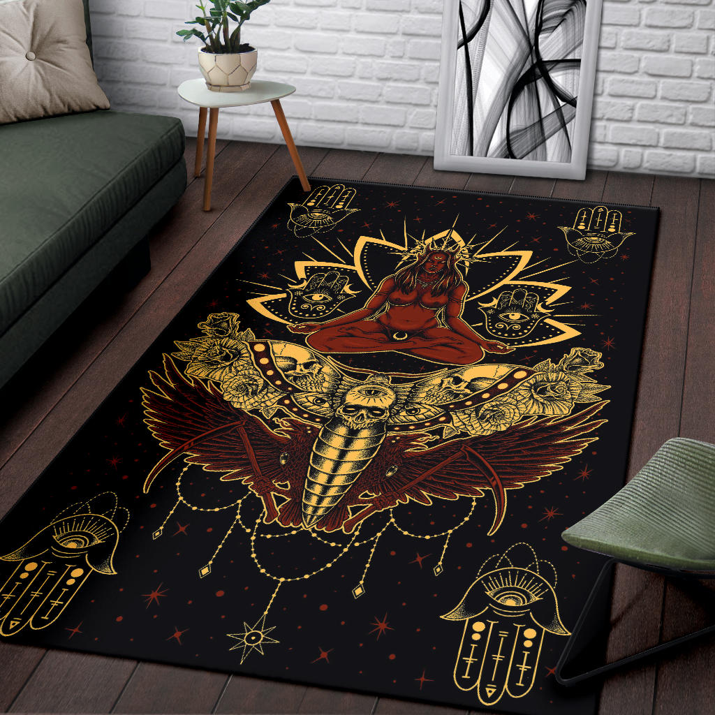 Skull Occult Cyclops Moth Crow Sword Area Rug Red And Yellow