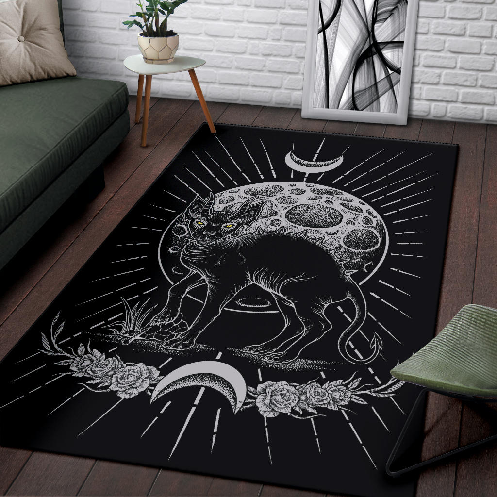 Gothic Occult Black Cat Unique Sphinx Style Area Rug Awesome Full black Cat Demonic Green Eye No Pentagram Forehead Full Moon Version