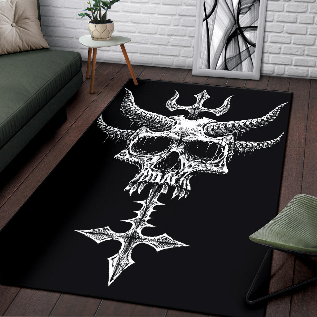 Satanic Skull Demon Horn Inverted Cross Dagger Area Rug – blended extreme